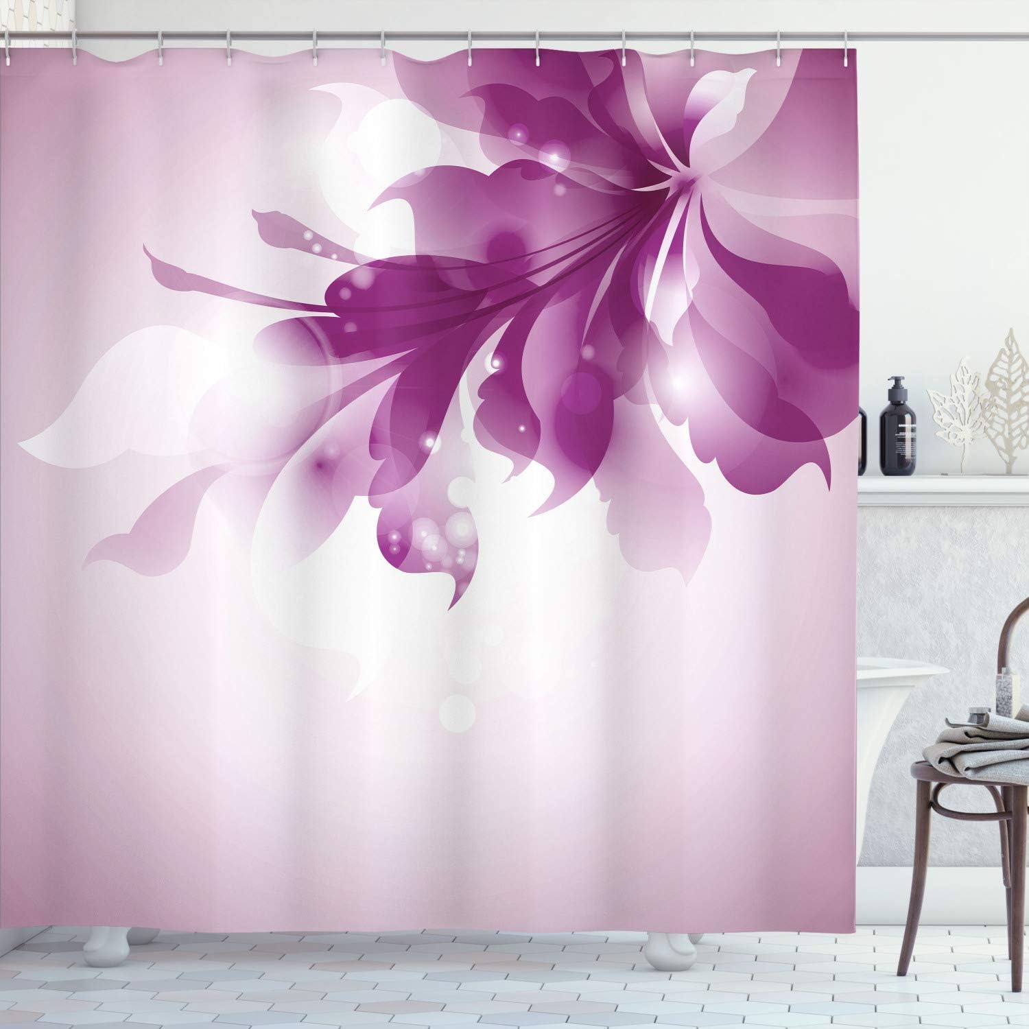 Ambesonne Abstract Shower Curtain, Color Gradient Effect Isolated Flower Petal Stem Forms Digital Artwork, Cloth Fabric Bathroom Decor Set with Hooks, 75" Long, Purple Blush