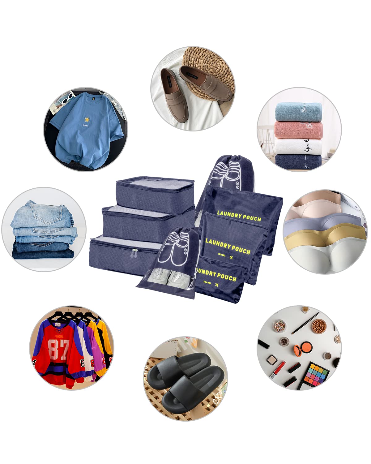 BillyBath Set di organizer per valigie, 8 in 1, organizer da viaggio, per vestiti, scarpe, cosmetici, colore blu scuro