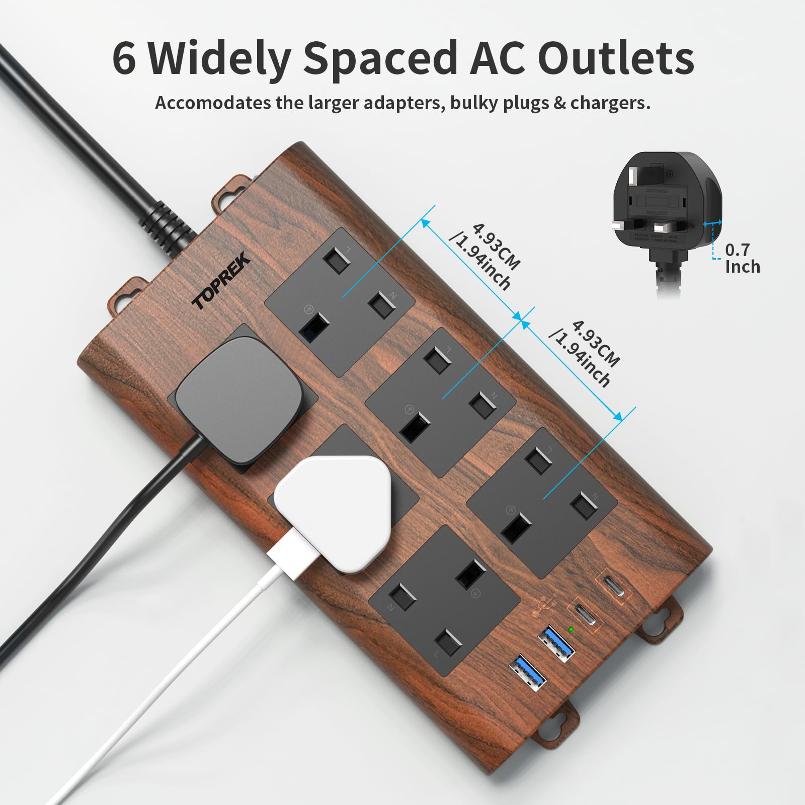TOPREK Holzmaserung 6 Wege Verlängerungskabel mit USB-Steckplätzen, Überspannungsschutz, 2USB-A & 2USB-C & 1 Schalter, 13A/3250W, Braun Verlängerungskabel 5M für Home Office Küche
