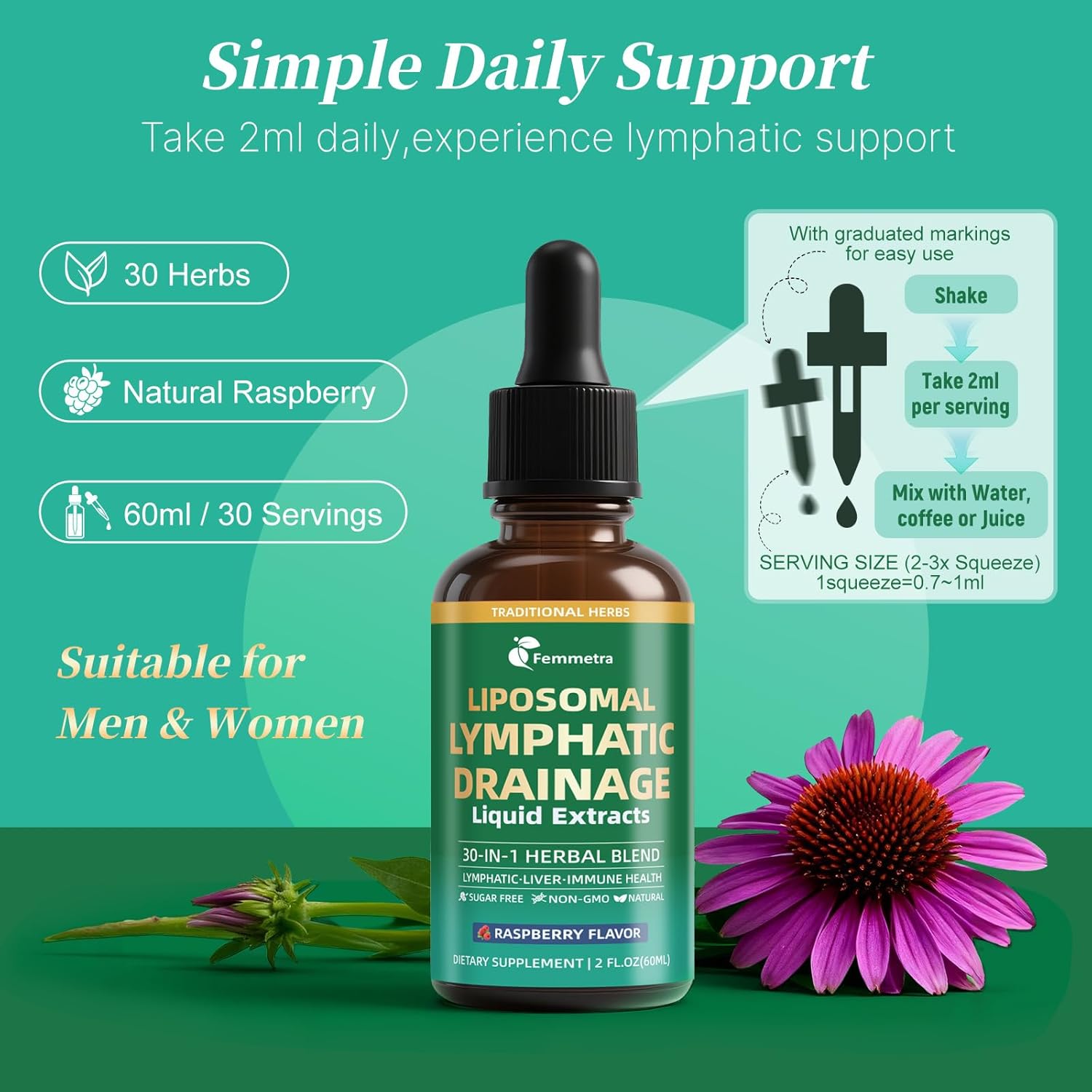 Liposomal Lymphatic Drainage Supplements with 30-in-1 Herbal Blend - Echinacea | Oregano | Milk Thistle - Sugar Free Lymph System Drops - Immune Support, Cleanse & Detox, Raspberry Flavor, 2 fl oz
