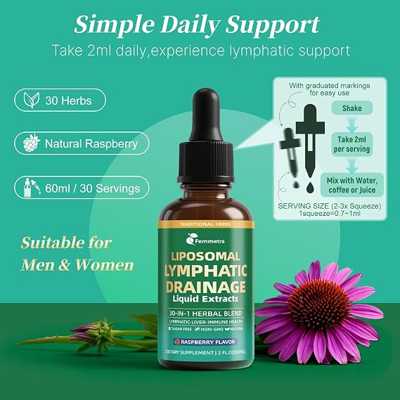 Liposomal Lymphatic Drainage Supplements with 30-in-1 Herbal Blend | Echinacea, Oregano, Milk Thistle, Sugar Free Lymph System Drops - Immune Support, Cleanse & Detox, Raspberry Flavor, 2 Fl Oz