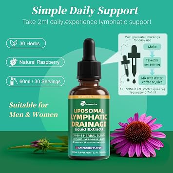 Liposomal Lymphatic Drainage Supplements with 30-in-1 Herbal Blend | Echinacea, Oregano, Milk Thistle, Sugar Free Lymph System Drops - Immune Support, Cleanse & Detox, Raspberry Flavor, 2 Fl Oz
