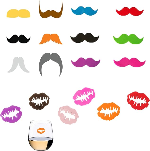 18 Pieces Wine Glass Mark Silicone Recognizer Multicolor Wine Drink Markers for Party Bar Table Decorations Home use (Moustache and Lips)