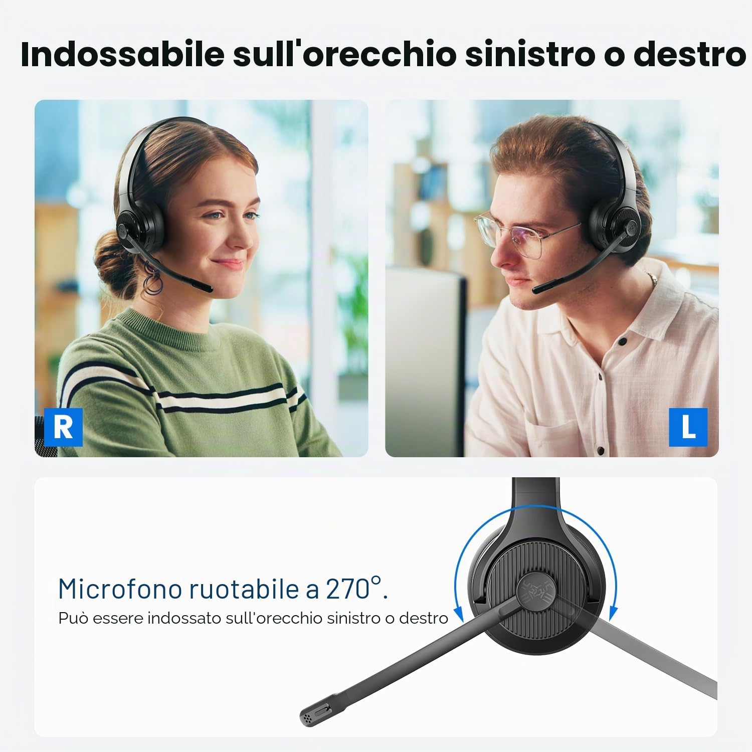 EKSA H3 Cuffie Bluetooth [65 Ore e Portata di 30M], Cuffie Mono per PC con Microfono e Riduzione del Rumore, Cuffie Wireless Bluetooth 5.4 aggiornate per Ufficio/Team