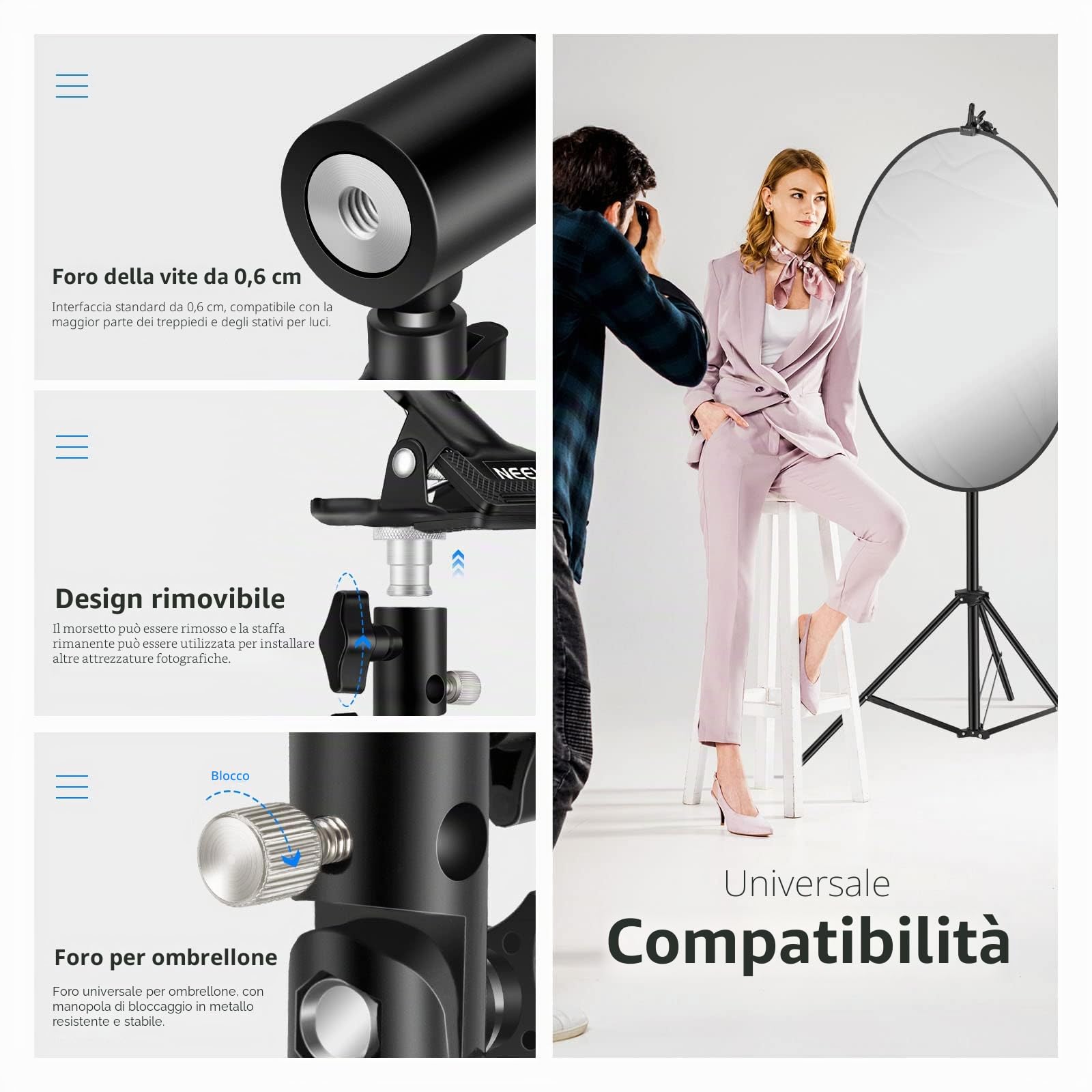 NEEWER Supporto per morsetto in metallo resistente per studio fotografico con attacco per supporto luce da 5/8" per riflettore