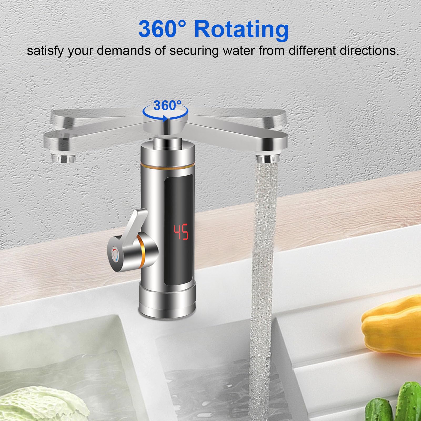 Grifo eléctrico instantáneo, grifo de calentador de agua eléctrico, indicador de temperatura LCD, mezcla de 360°, grifo de cocina giratorio, grifo de agua instantáneo