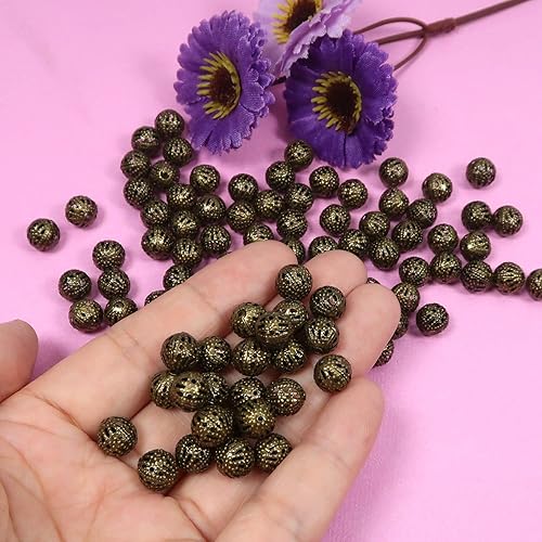 Miniatura 10 de TOAOB - 100 cuentas de bola huecas de filigrana chapadas en plata de 0.315 pulgadas (0.315 in), cuentas espaciadoras sueltas de metal redondas para