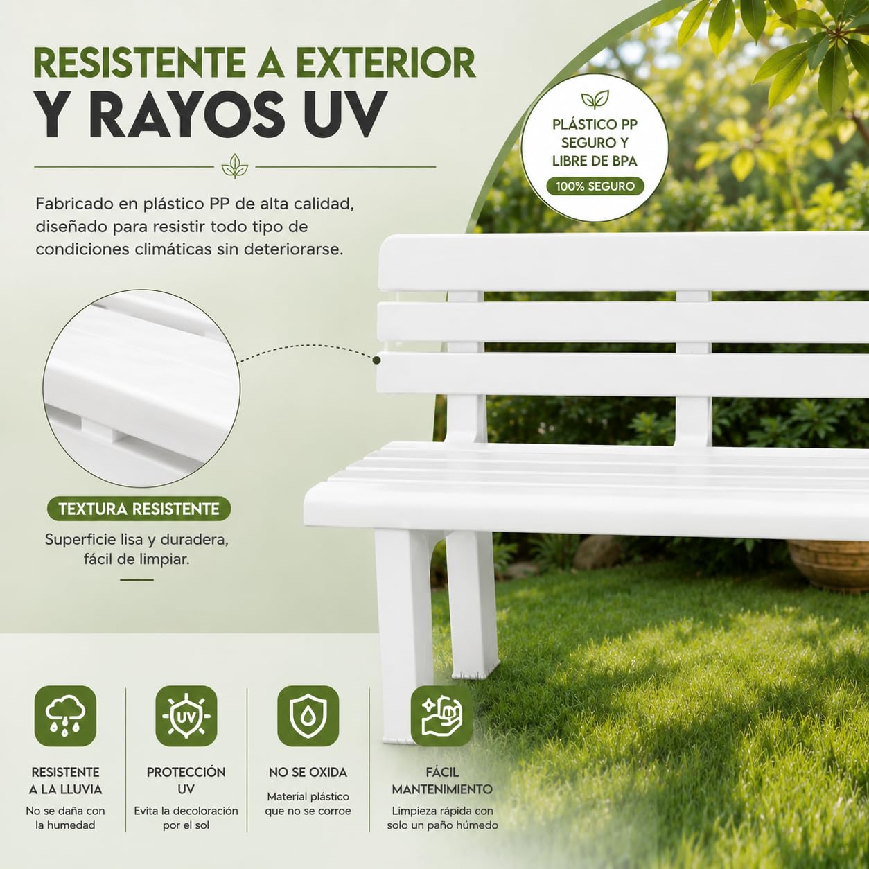 Banco de Jardín Exterior 2 Plazas 110x52x71 cm Plástico PP Resistente Blanco 130 kg