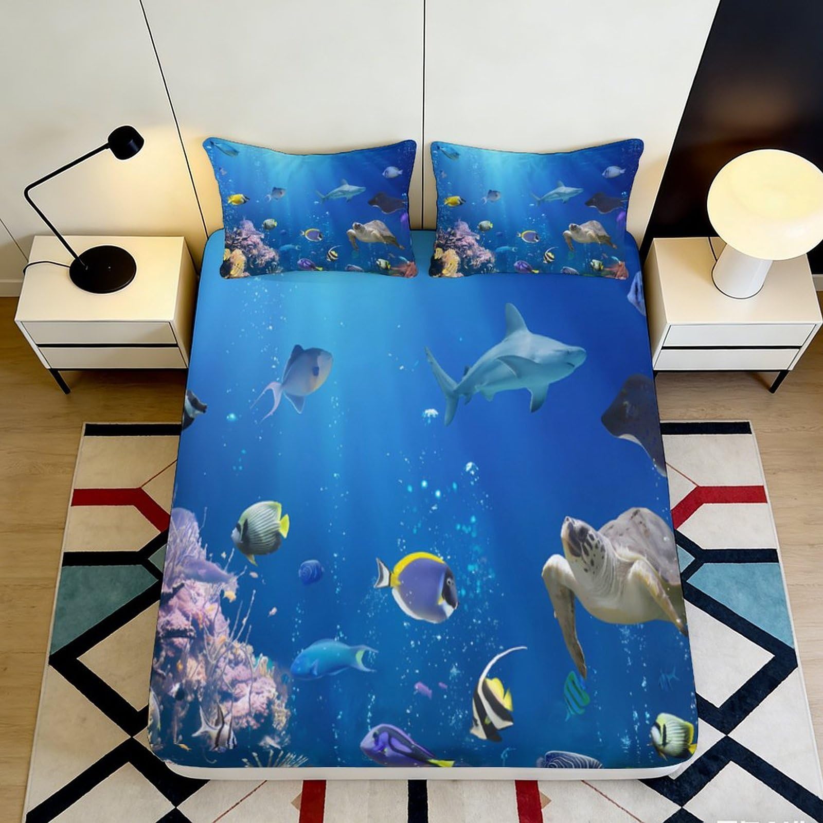 3D Printed Ocean Underwater Fitted Sheet Microfiber Blue Sea Life Marine Mattress Cover for Bedroom Dorm Décor 90x200x25cm