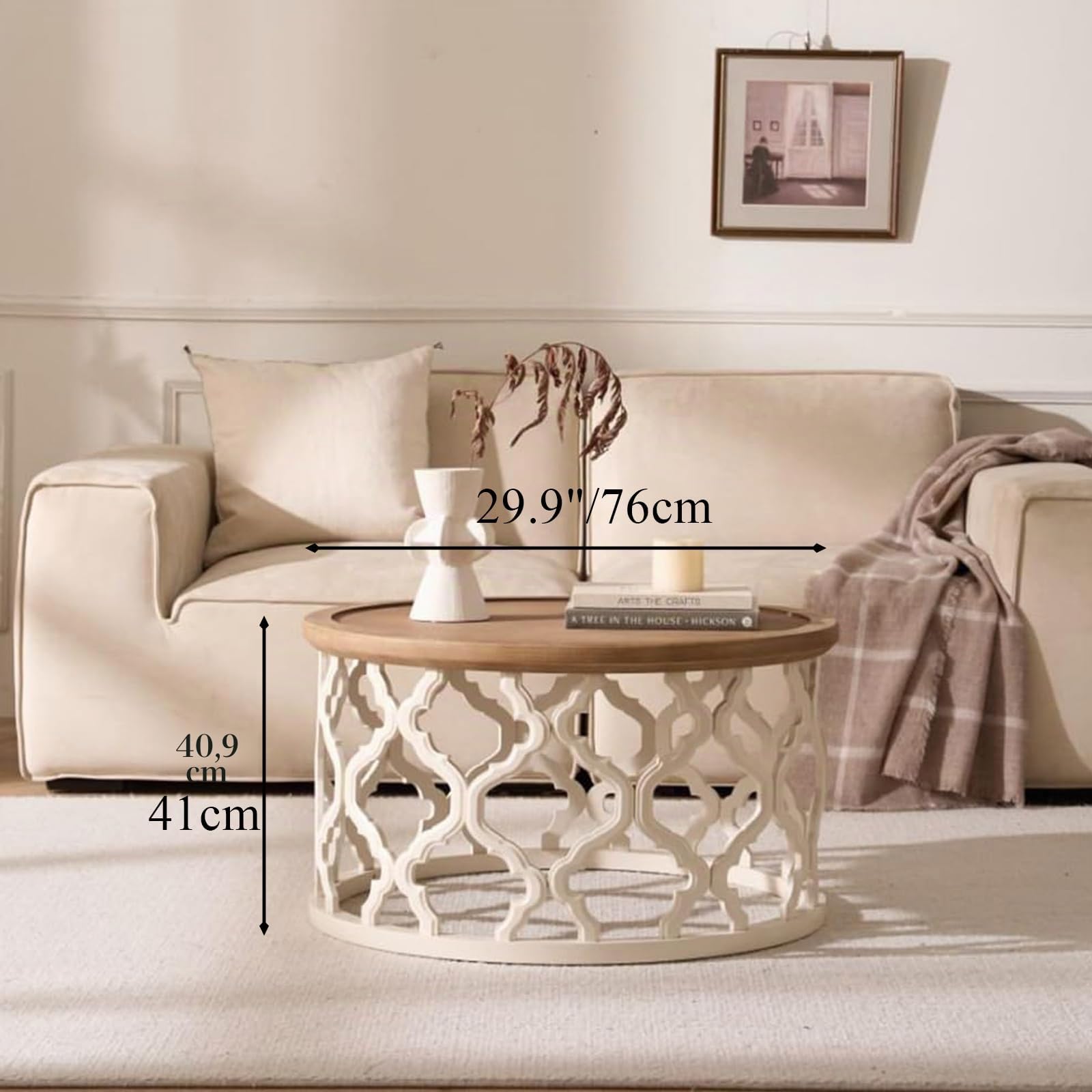 Mesa de centro redonda de madera con patas caladas, diámetro de | Patas de mesa blancas, casa de campo, moderno, borde elevado, mesa de salón redonda, mesa de café, para sala de estar