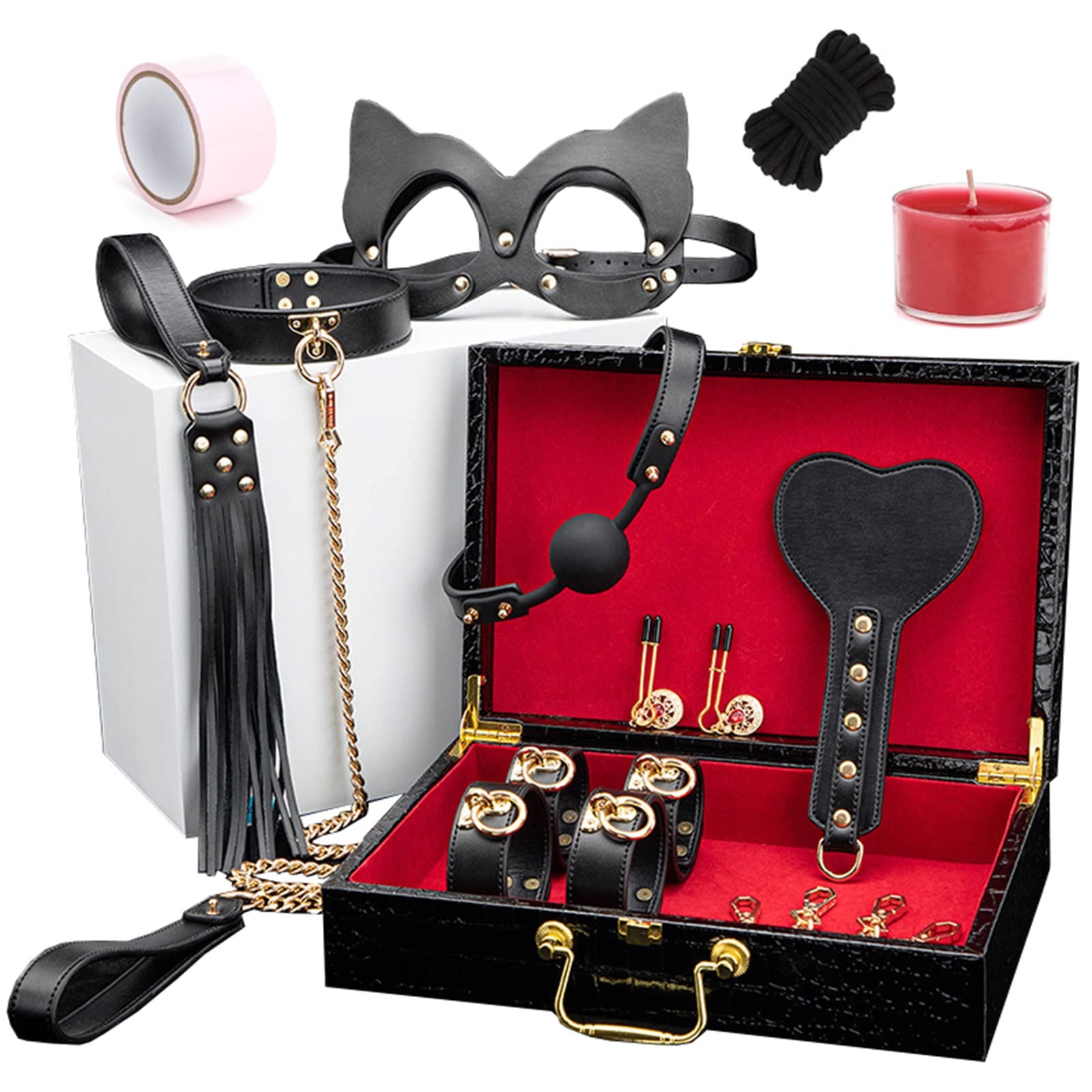 SM 12 Stück Bondage Set Mit Koffer Fesseln Sex Set Für Anfänger Und Erfahr Fesselset Bettfesseln Einstellbar BDSM Sextoys Weiches Ledermaterial Fetisch Erotisches Sexspielzeug,Black