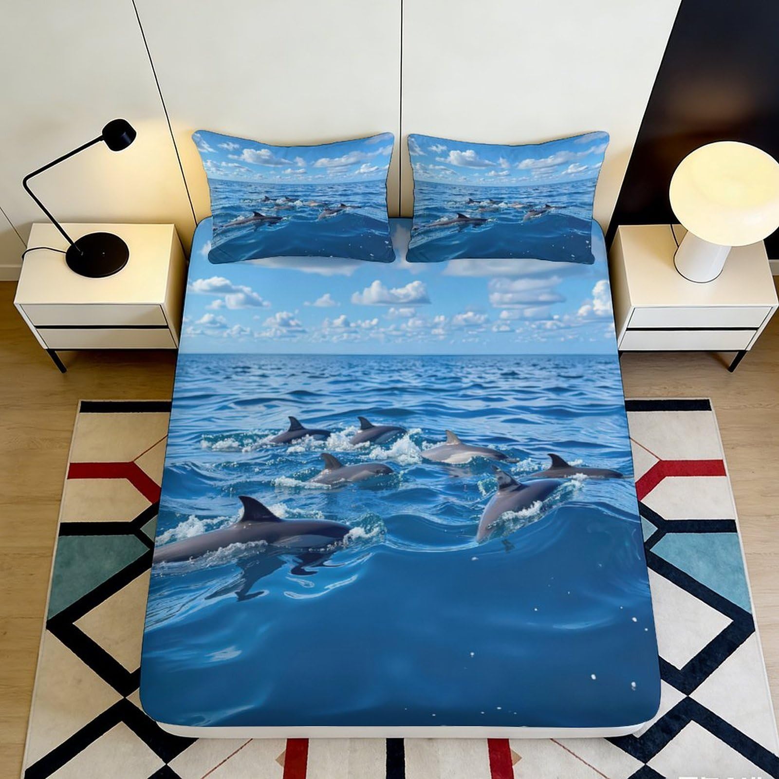 3D Printed Ocean Dolphin Fitted Sheet Microfiber Soft Blue Waves Bed Cover for Bedroom Guest Room Decor 90x200x25cm