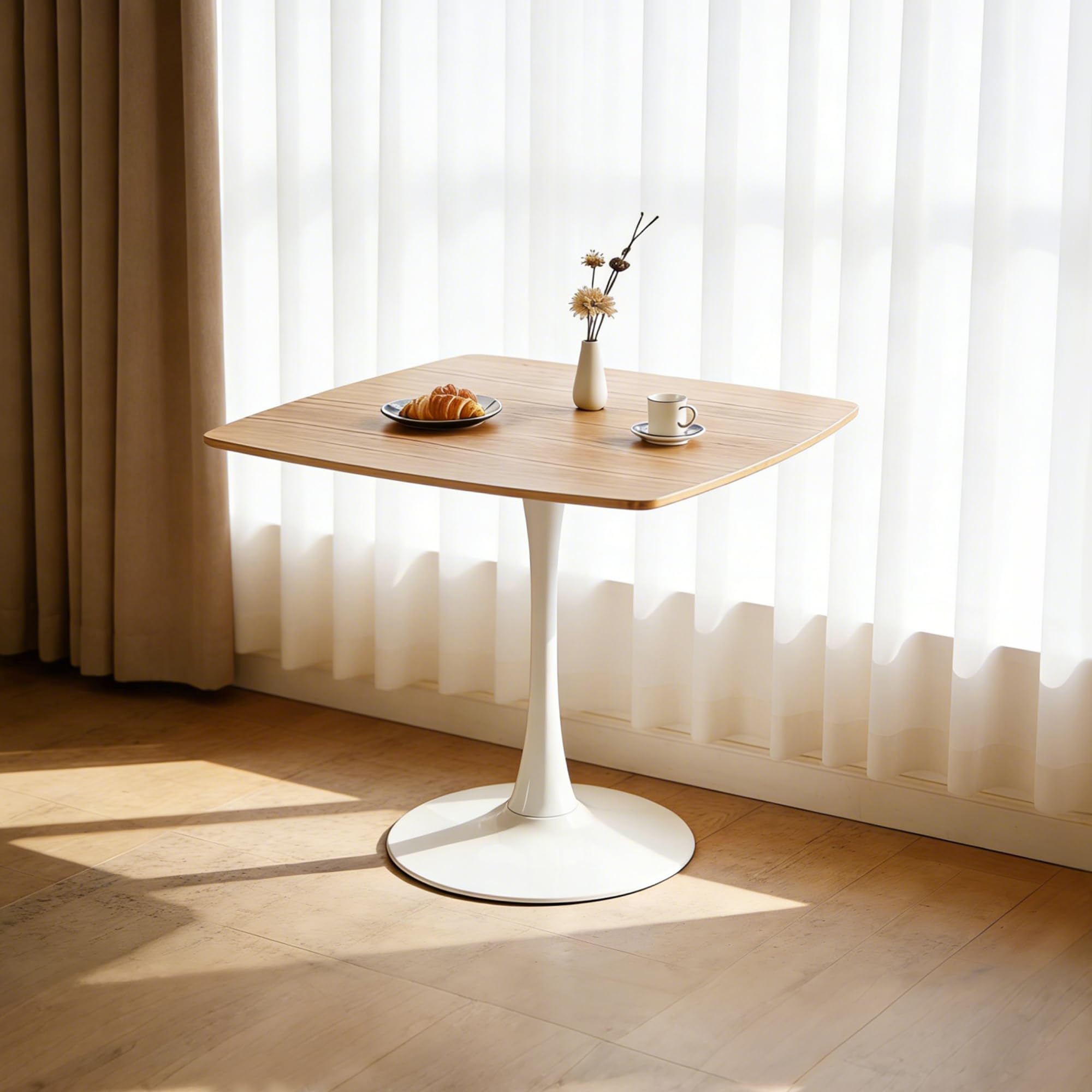 Photo 1 of KEIKI 42 Inch Square Dining Table, Mid Century Modern Tulip Table with Metal Pedestal, MDF Bistro Table for Kitchen, Small Places, Living Room, Apartment, Cafe, Oak