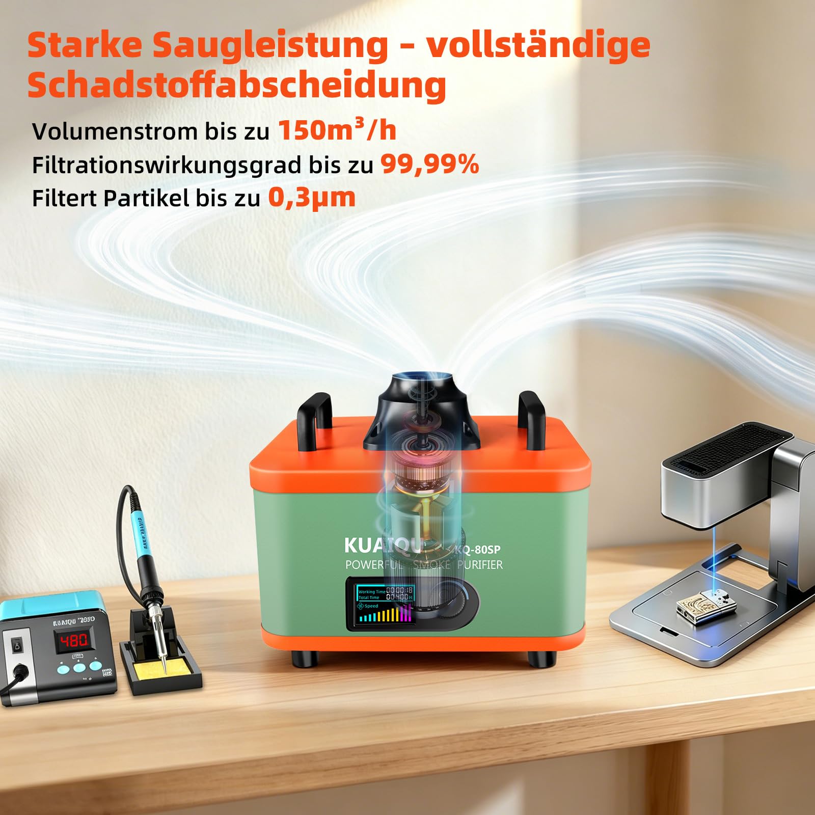 Lötrauchabsorber 2-in-1 mit HEPA- und Aktivkohlefilter lötrauchabsaugung, intelligenter Filterwechselanzeige, 150 m³/h – Tischgerät zum Löten, für DIY, Nagelstudios und Schmuckherstellung