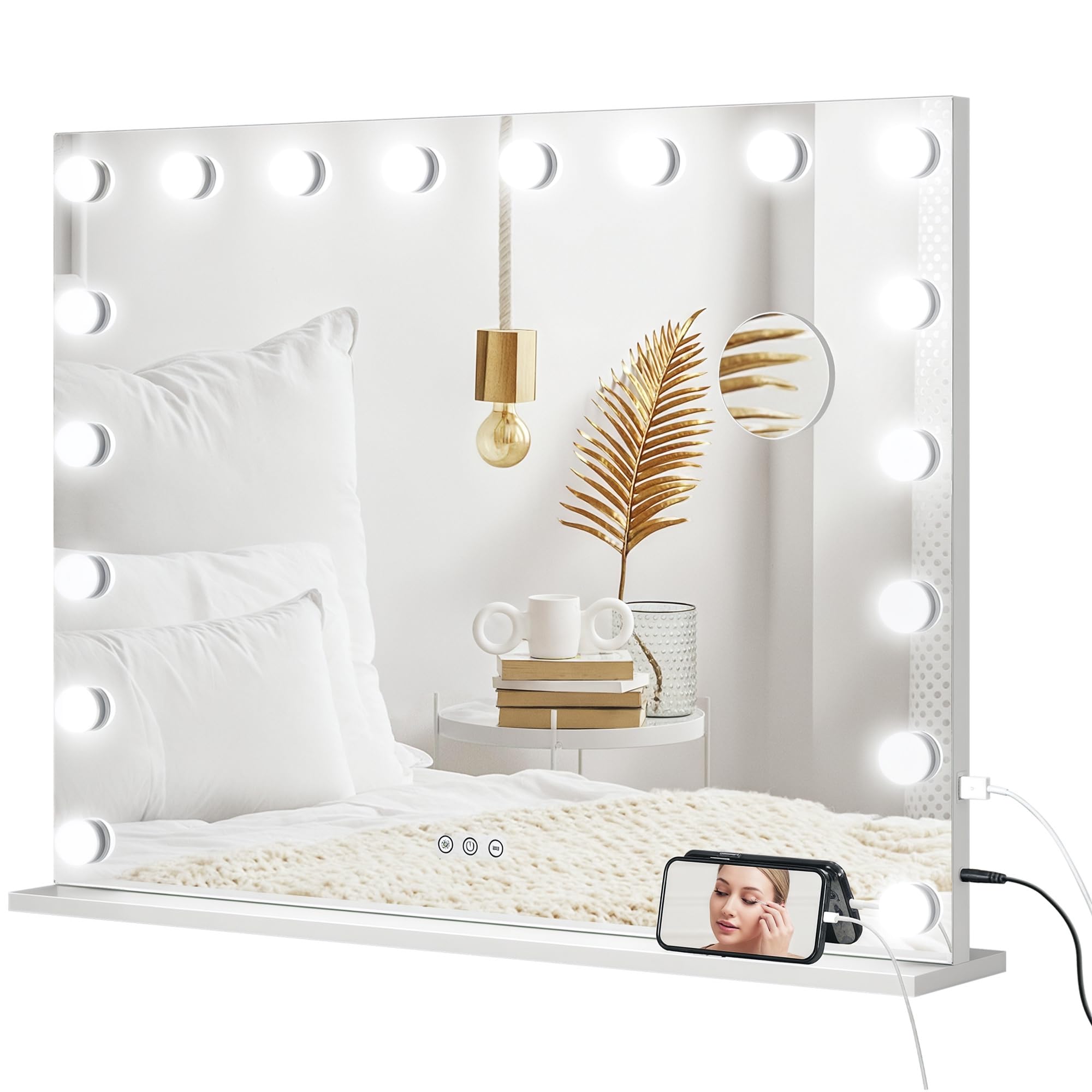 HOMCOM Miroir Maquillage Hollywood Lumineux LED Intensité Réglable 80x62cm | Miroir Grossissan, Port de Charge USB, Support de Téléphone