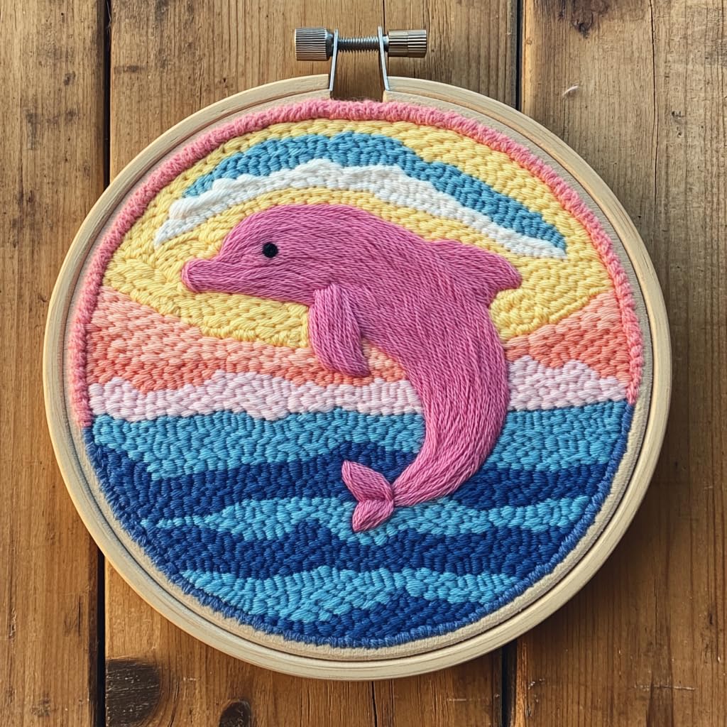 Punch Needle Kits Pink Dolphin and Sunset Sea Easy for Beginners DIY Punch Needle Yarn Starter Embroidery Set for Craft Lovers with Printed Pattern and Hoop for Home Decor 20x20cm-2