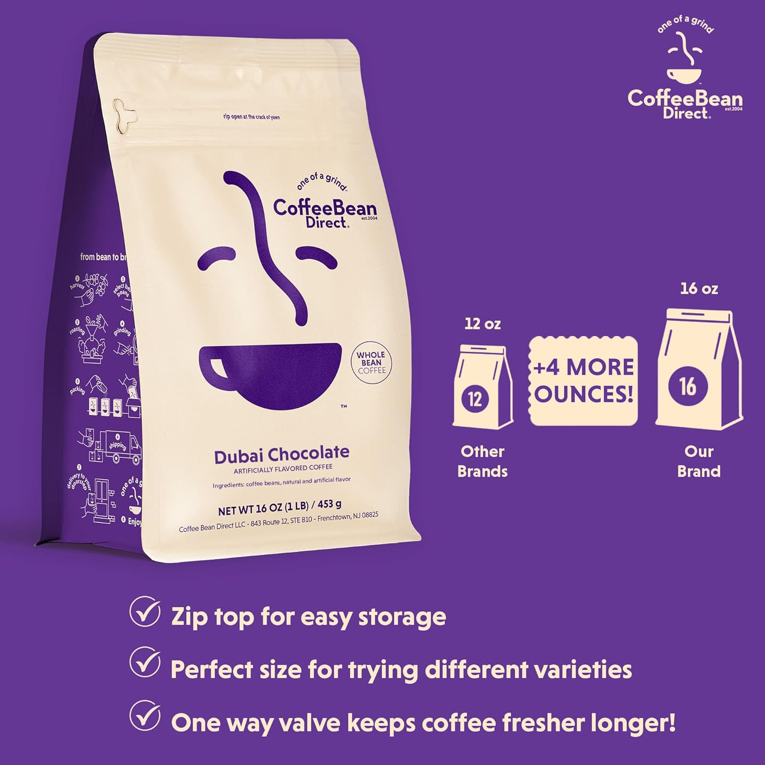 Coffee Bean Direct Dubai Chocolate Flavored, Whole Bean Coffee, 1 Pound Bag (Pack of 1)