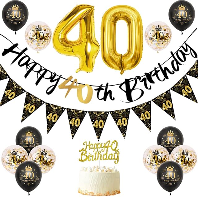40th Birthday Decorations, 40th Party Decorations Black Gold Balloons Birthday, 40th Birthday Women Men Happy Birthday Banner Triangle Bunting, 40th Decorations for Woman Birthday Party, Cake Topper