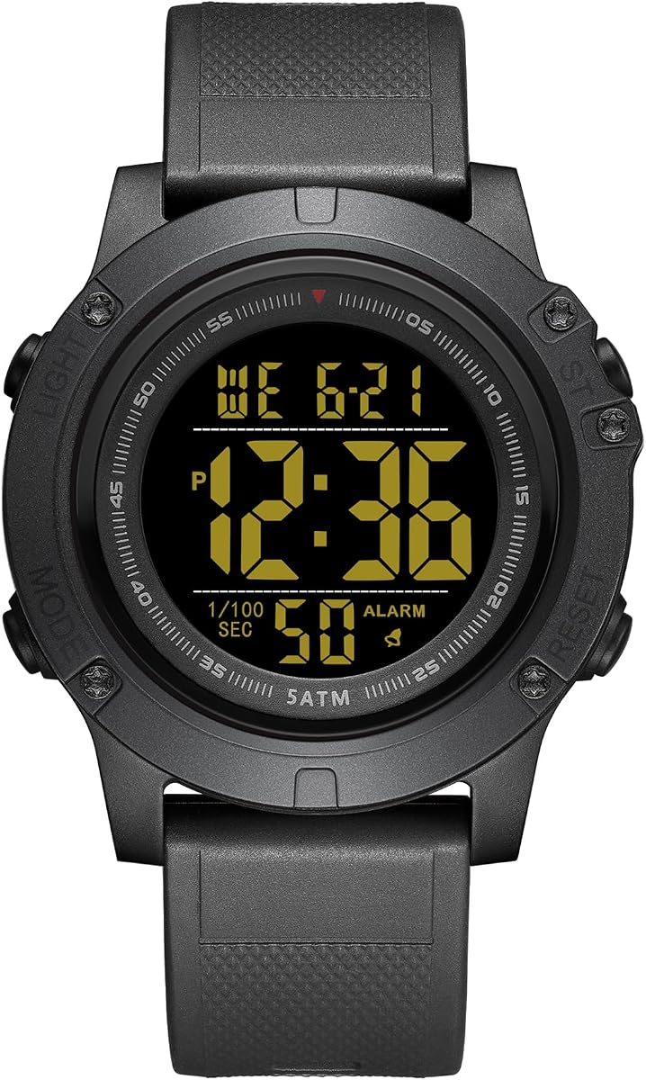 GOLDEN HOUR Reloj deportivo digital para hombre, pantalla LCD grande, resistente al agua hasta 5 ATM, correa de silicona
