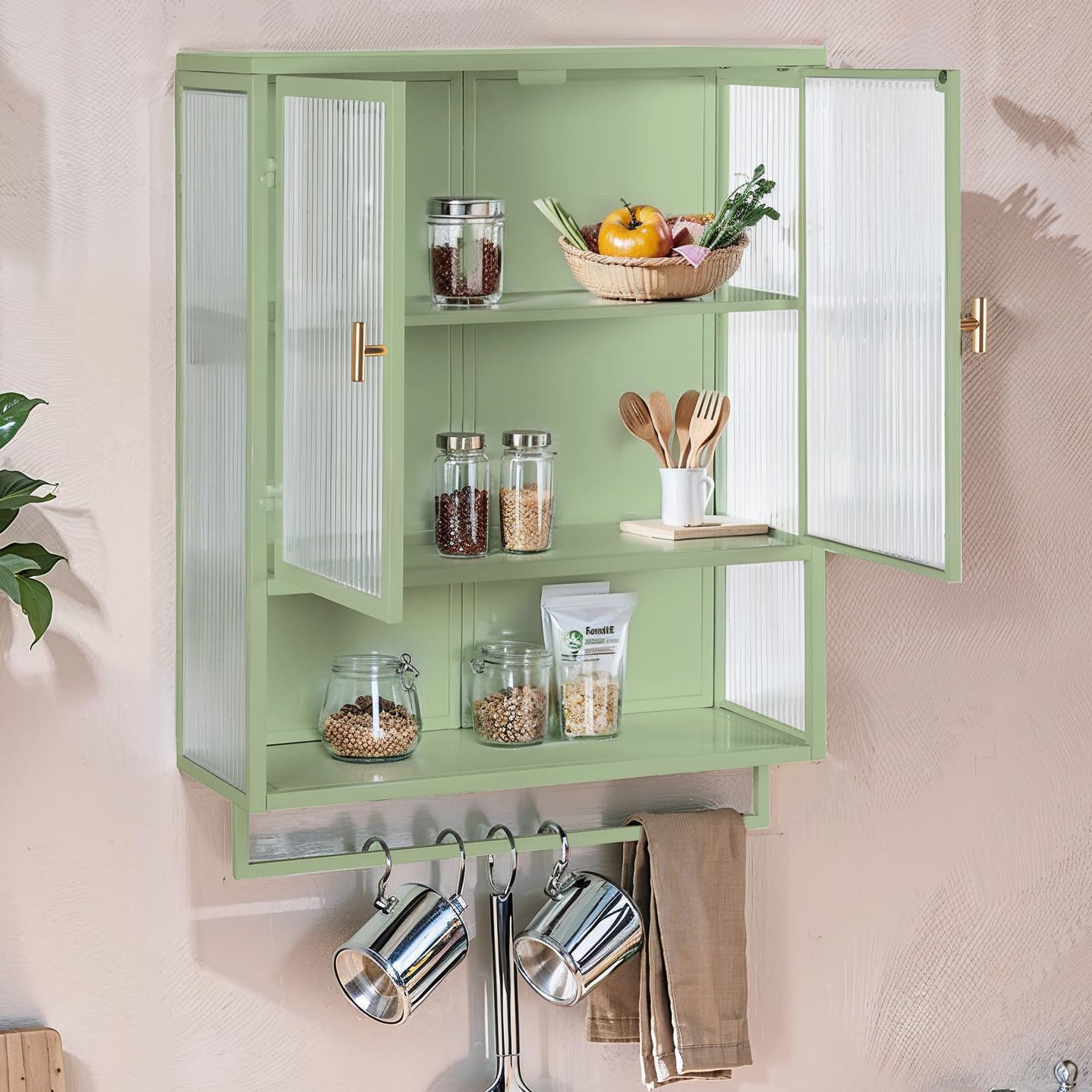 Moderner Hängeschrank Küchenschrank Wandschrank mit 2 Glastüren, Metal und Glas Badschrank Sideboard Hängend Medizinschrank mit Offener Stauraum und Handtuchhalter für Küche Bad, Grün, 60×23×78cm