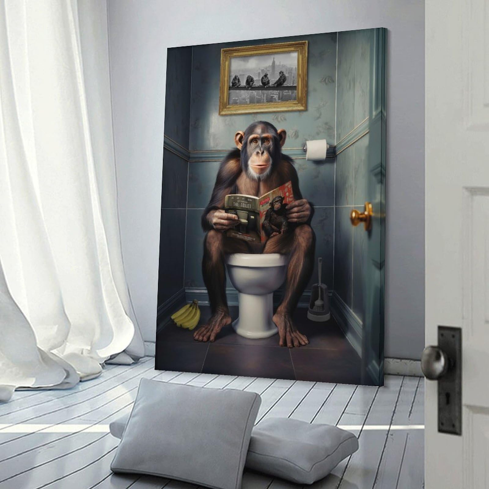 Junmoney Monkey on The Toilet Home Decor Wall Art, 20x30inch(50x75cm), for Apartment Walls, Studios Or Work Areas, Decorative Canvas Decor for Home Updates