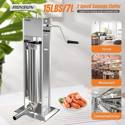 Miniatura 2 de ROVSUN Máquina de relleno vertical de salchichas de acero inoxidable de 7 libras3 L, relleno de carne resistente de doble velocidad, con 4 tubos de