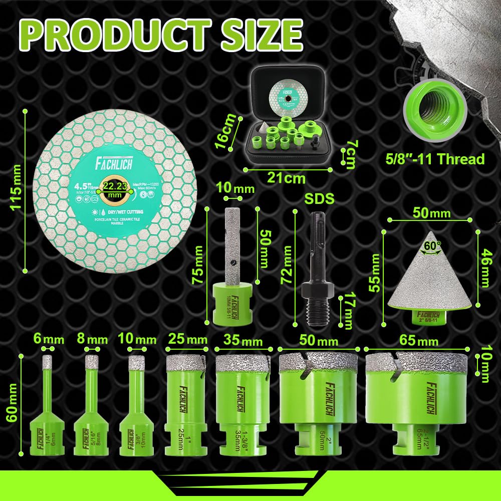 Tile Hole Saw Kit Diamond - FACHLICH 11pcs 2-1/2" Diamond Core Drill Bits Set and 4.5" Diamond Cutting Grinding Blade for Porcelain Ceramic Tile Marble Granite etc