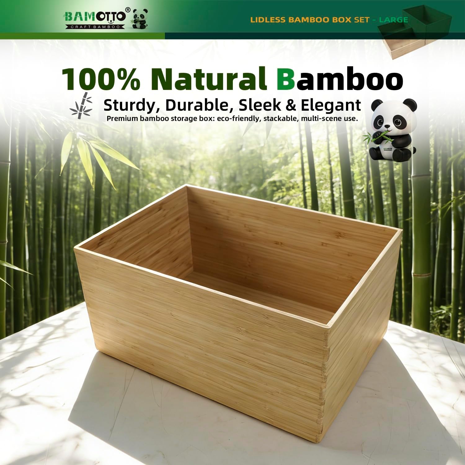 3-Piece Large Bamboo Storage Box Set - 7.1in High Stackable Deep-Drawer Organizer, Lidless Bamboo Bin for Kitchen Cutlery Utensils Knives (14.6"x10.2"x7.1"*1 + 10.2"x7.3"x3"*2) - Image 6