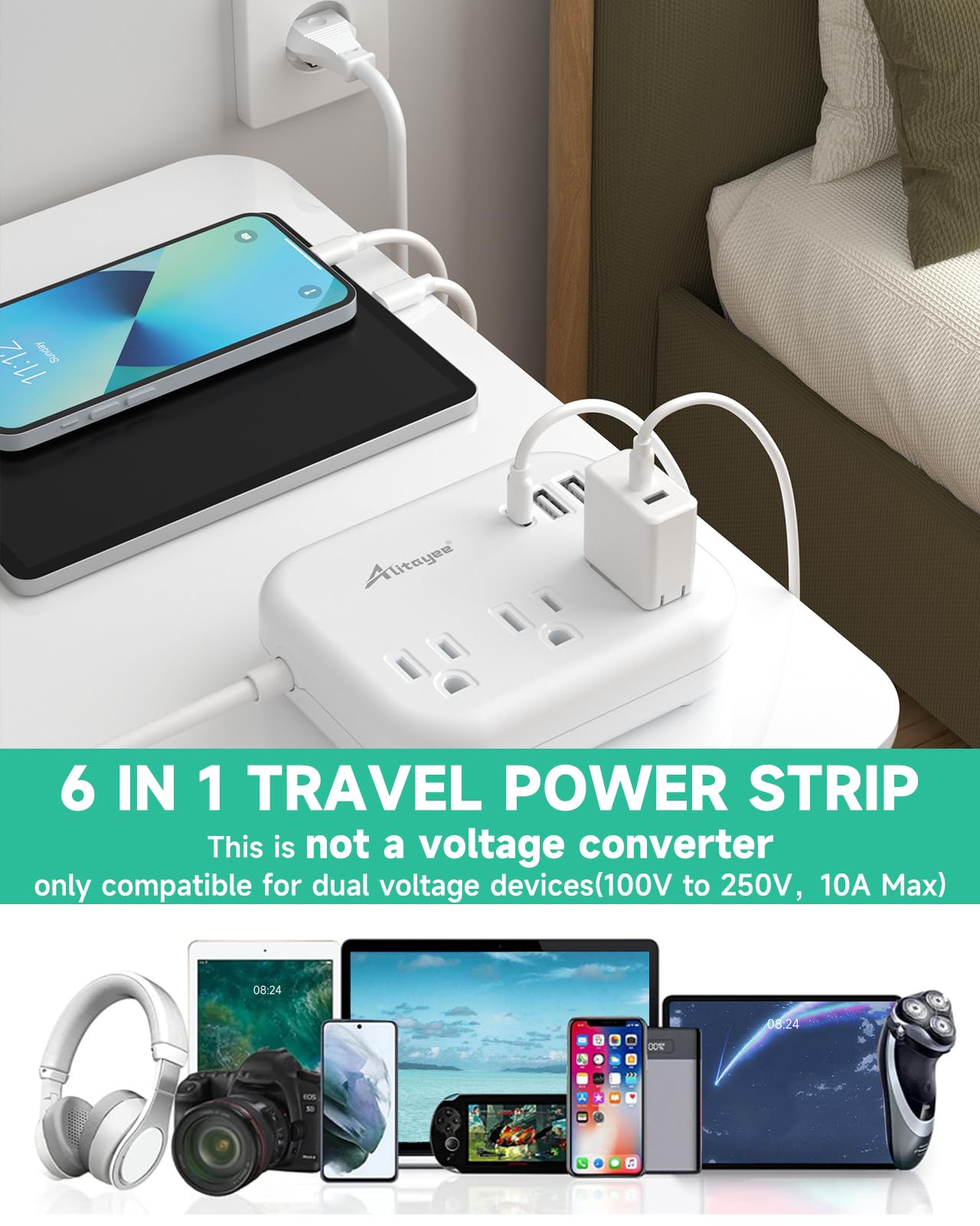Adaptador de enchufe de viaje europeo, Alitayee EU/UK/US Regleta de alimentación de viaje con 3 tomacorrientes 3 puertos USB, adaptador universal internacional con cable de extensión de 3 pies a UE,
