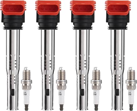 Ignition Coil Packs UF529 & Spark Plugs Set of 4, Compatible with Volkswagen MK5 MK6 GTI Jetta Golf Passat Tiguan Audi A3 A4 A5 A6 A7 Q5 Q7 R8 S4 S5 06-16 2.0T 3.0T 2.5L 3.2L 4.2L 5.2L
