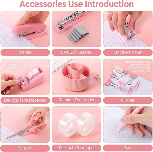 Miniatura 3 de SKYDUE 10 accesorios de escritorio rosa, soporte giratorio para bolígrafo, grapadora, removedor de grapas, dispensador de cinta, 2 recambios de