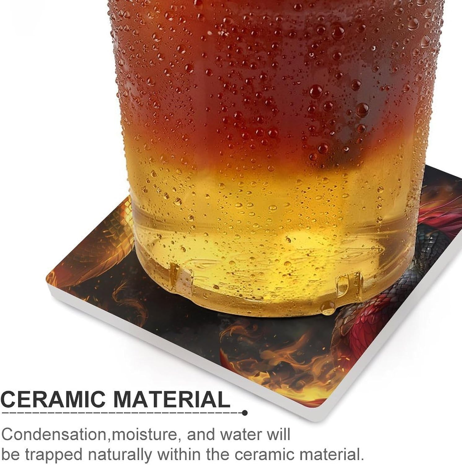 Two Dragon Heads in Fire Coaster for Drinks Square Ceramic Table Coasters Stone Mat Crafts 6PCS Home Kitchen Decor