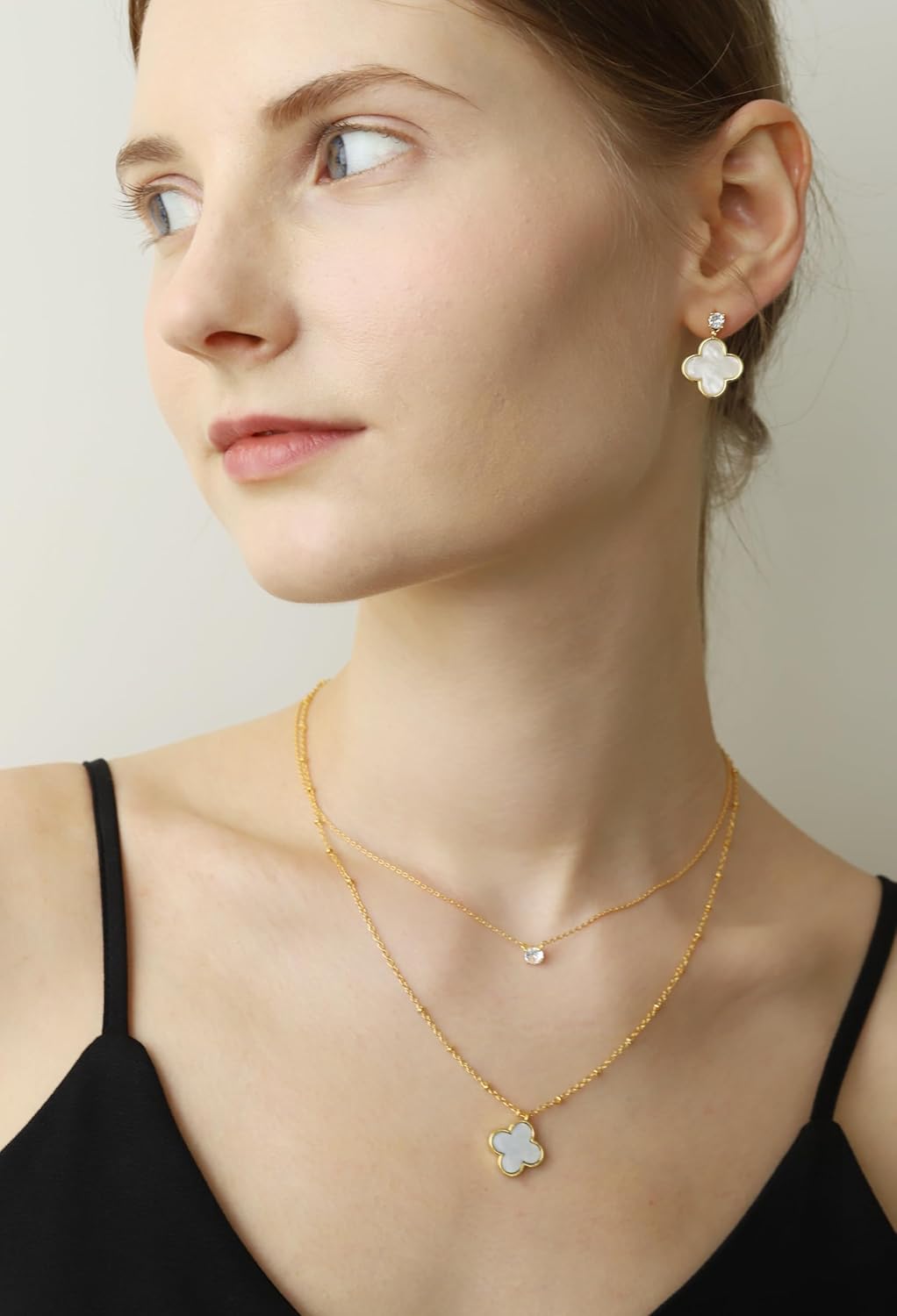 Layered Necklace for Women, 2 Strand Stainless Steel Chains with Clover, Butterfly or Heart Pendant, Dainty Fashion Jewelry Gift