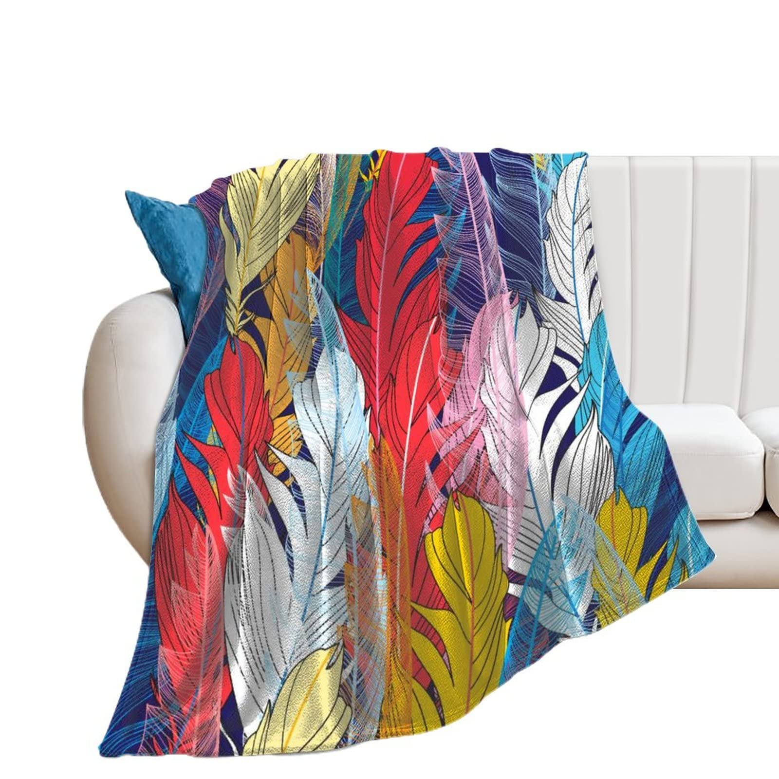 Jeté De Canapé Haut de Gamme Couverture Polaire Plumes Colorées en Flanelle