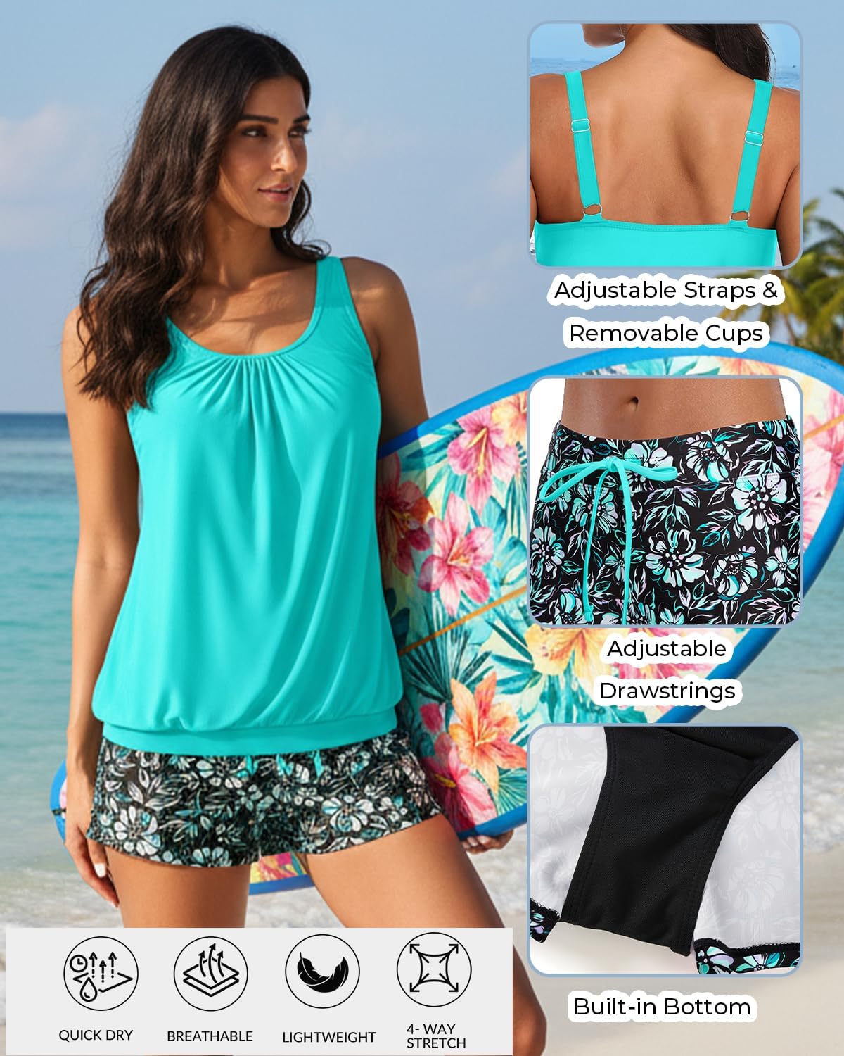 Aqua Eve Two Piece Women's Tankini Swimsuits Blouson Swim Tank Top with Shorts Modest Bathing Suits - Image 4