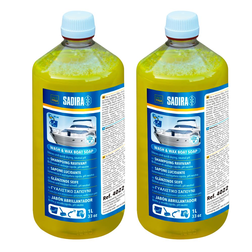 SADIRA Jabón concentrado para embarcaciones 2x1 L. Limpieza impecable y protección duradera contra marcas de cal en cristales y fibra. Accesorio de mantenimiento de barcos de recreo