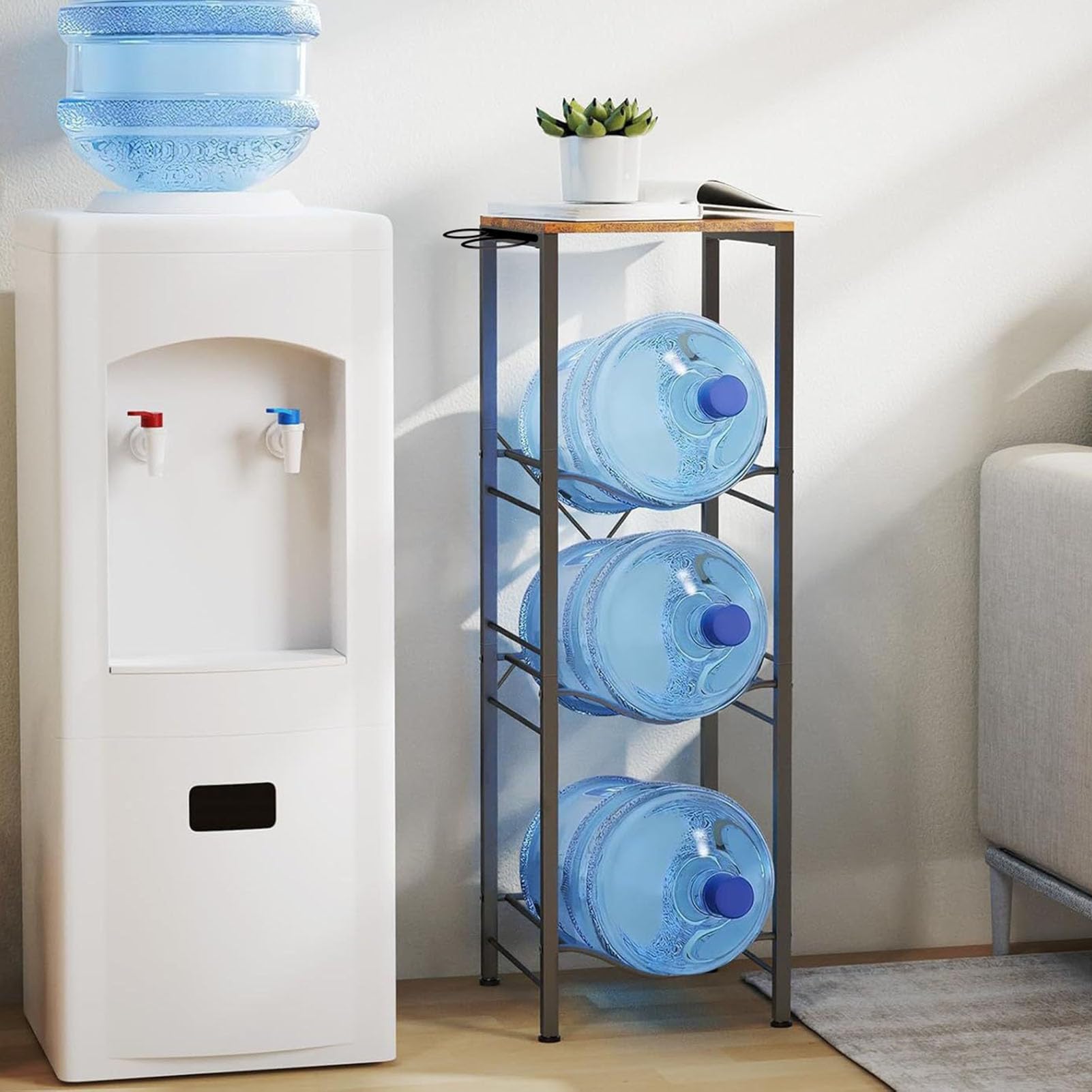 Estante de 3 niveles resistente con estante de almacenamiento, organizador para 4 botellas de agua para cocina, oficina, garaje, gimnasio