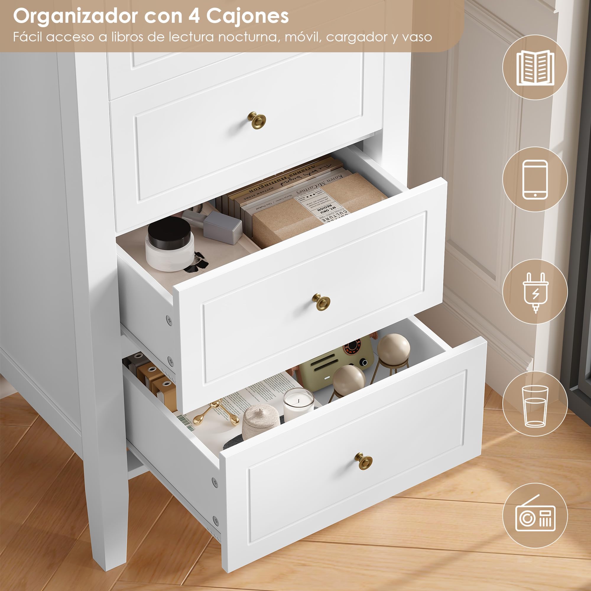 FOREHILL Sinfonier Dormitorio Alto Comodas y Cajoneras Dormitorio 4 Cajones | Comoda, Sinfonier Blanco, Cajonera Blanca, para Salón, Baño, Madera, 50x40x95cm