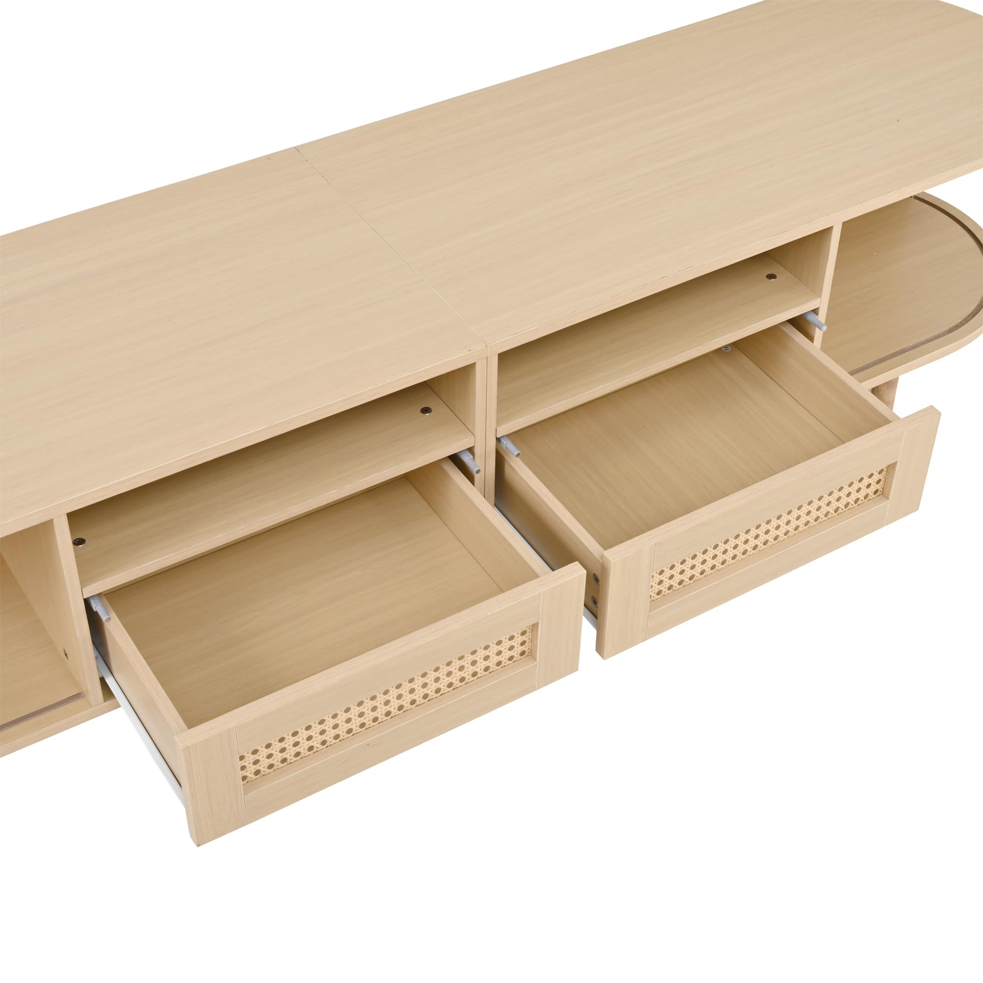 Merax TV Schrank Ovaler in Holzfarbe, Lowboard Fernsehtisch mit 2 Schiebetüren, 2 Rattan-Schubladen, TV-Regal für Fernseher bis zu 70 Zoll, Landhausstil Sideboard Fernsehschrank für Wohnzimmer, 170cm