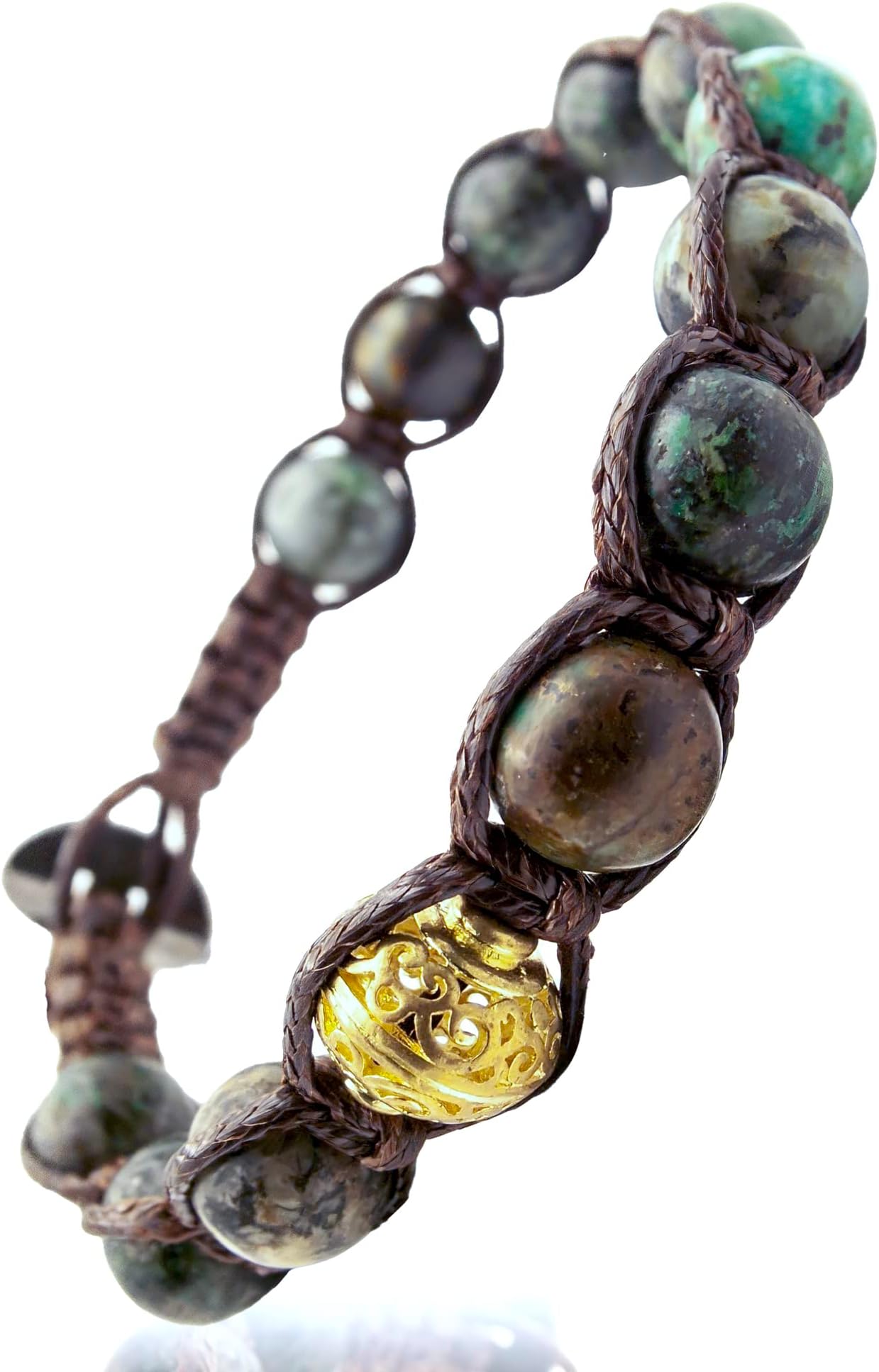 SamsaraSamsara Tibetan Buddhist Bracelet - Shamballa with Polished African Turquoise Stone - Waxed Cotton Thread