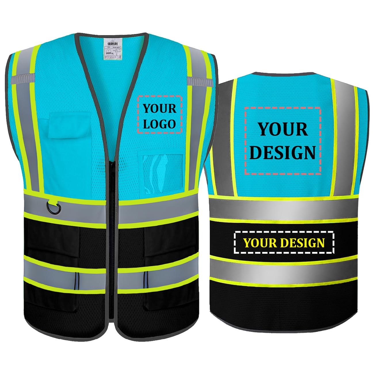 BeautyWill Custom Safety Vest Customized Logo Mesh Vest Class2 High Visibility Reflective Vest with Pockets Workwear（LightBlue Black，M ）