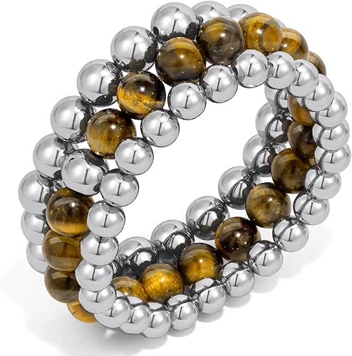 HOBT Pulsera para hombre, pulsera elástica de ojo de tigre, pulseras de cuentas de piedra natural, pulsera de roca de lava negra para niños, regalo