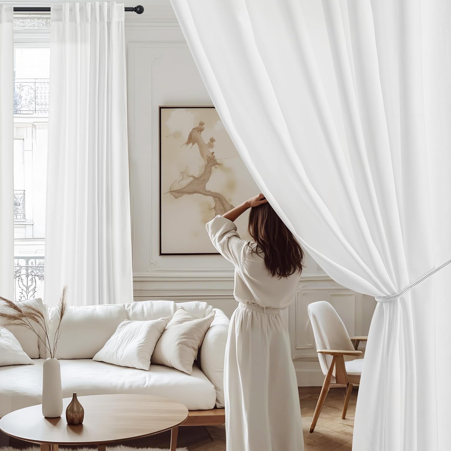 NICETOWN Non-See-Through Off White Sheer 108 inch Curtains 2 Panels, Privacy Rod Pocket & Back Tab Window Treatments Light Filtering for Living Room/Bedreoom, W52 x L108