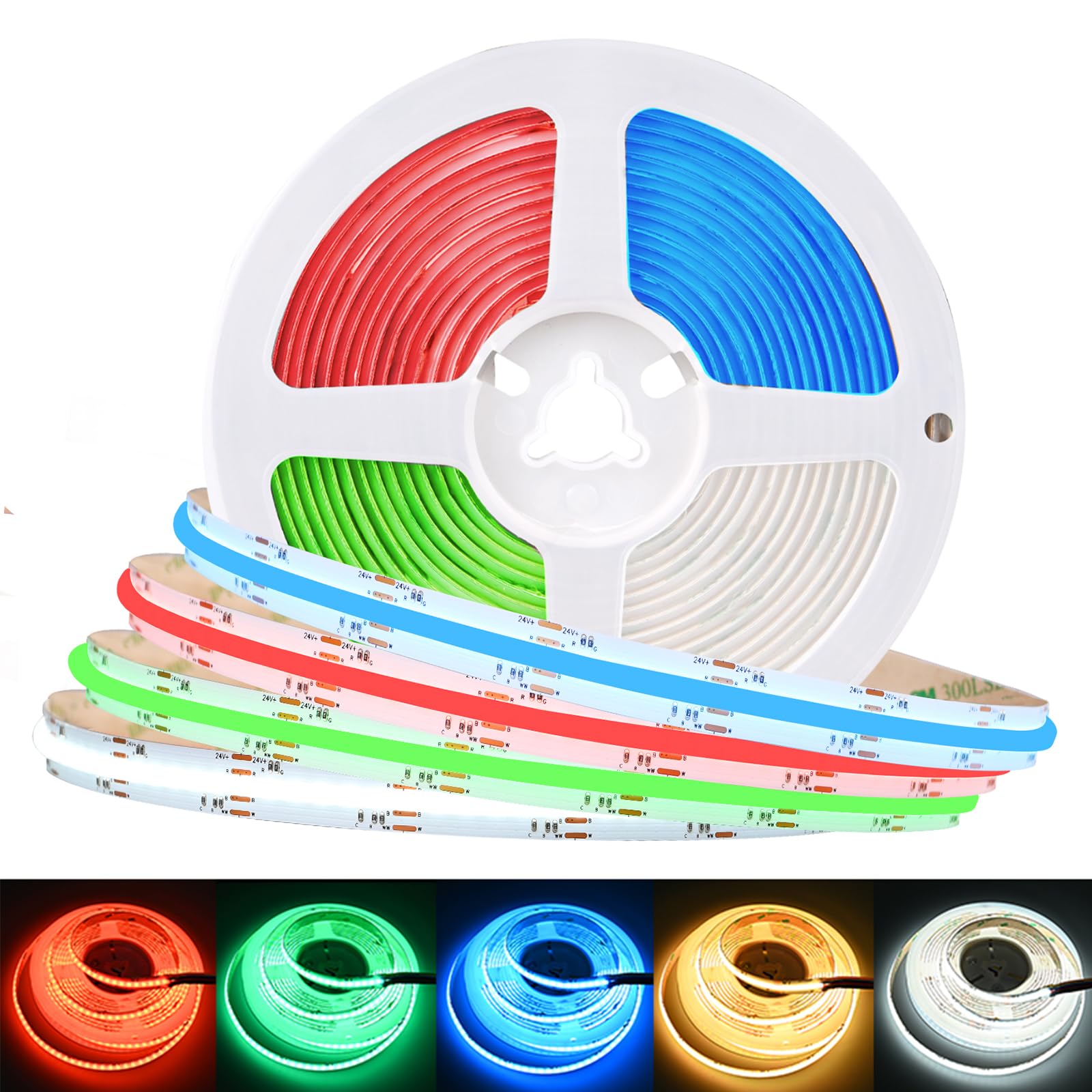 TUNICHX RGBW FCOB COB RGB LED Strip Light Flexible Dimmable LED Strips,16.4FT 4000K Natural White,CRI 90+, 12mm Width 784LEDs/m High Density Uniform