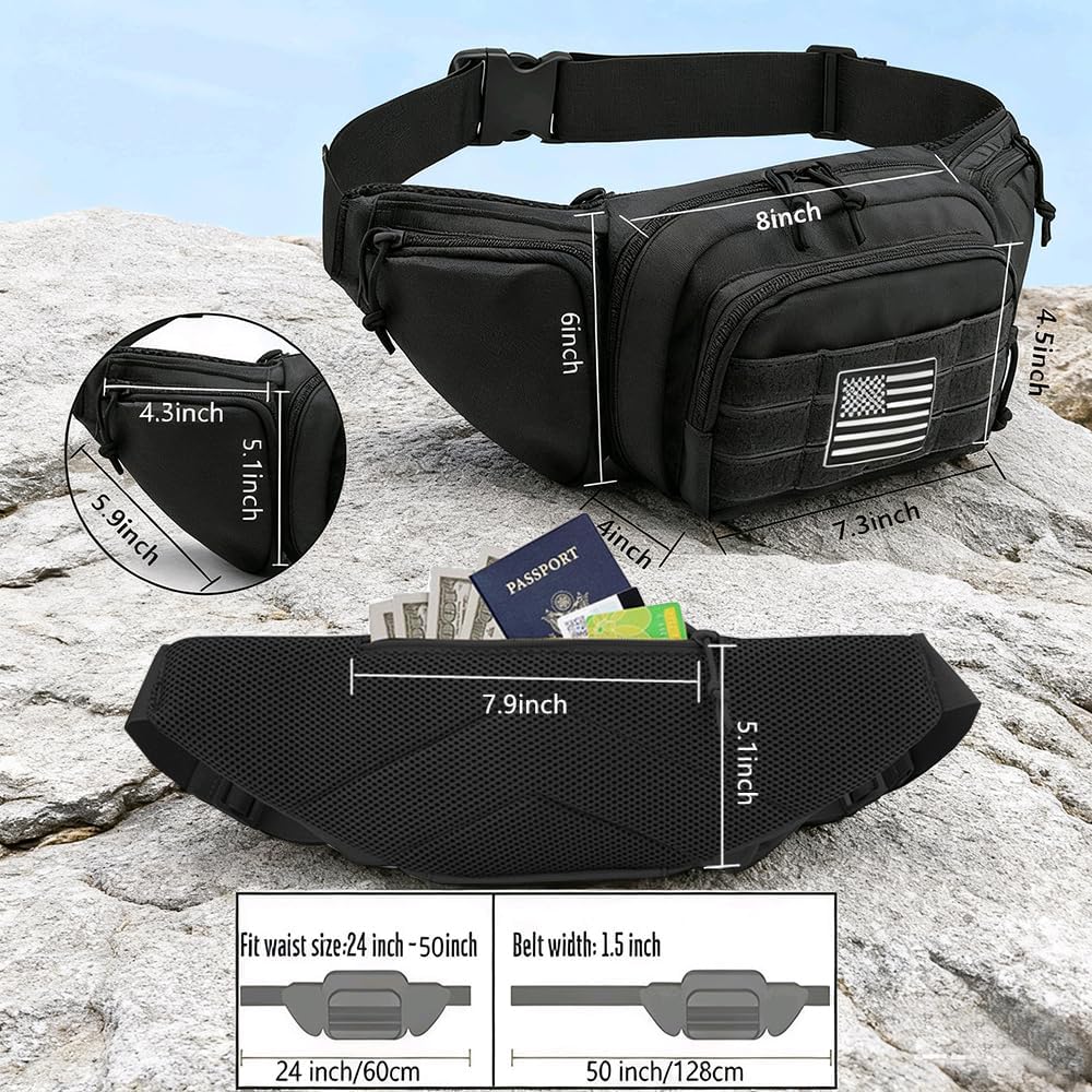 Tactical Fanny Pack Gun Holster Concealed Carry Pistol Military Tactical Waist Bag Waterproof Molle EDC Pouch with USA Flag Patch