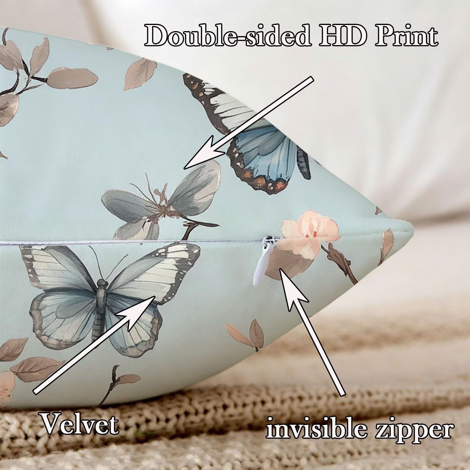 Cuscino Divano 65x65cm Set di 2, blu Farfalla Lino Cuscini per Divano