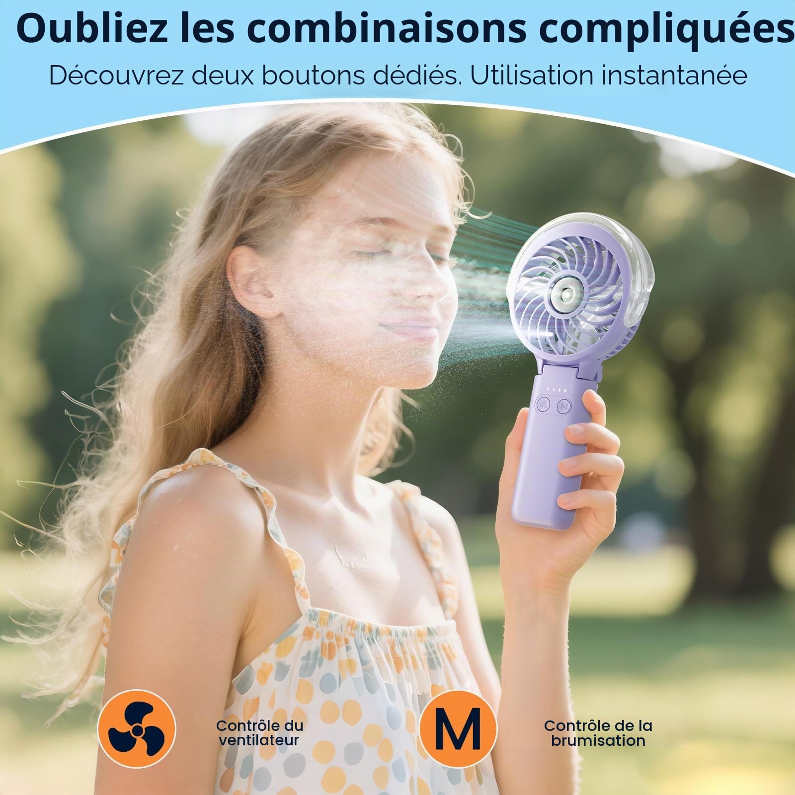 HandFan Ventilateur brumisateur portable 5200 mAh, rechargeable, mini ventilateurs de refroidissement AC pour plage, voyage, concerts, cadeaux pour femme (violet clair)