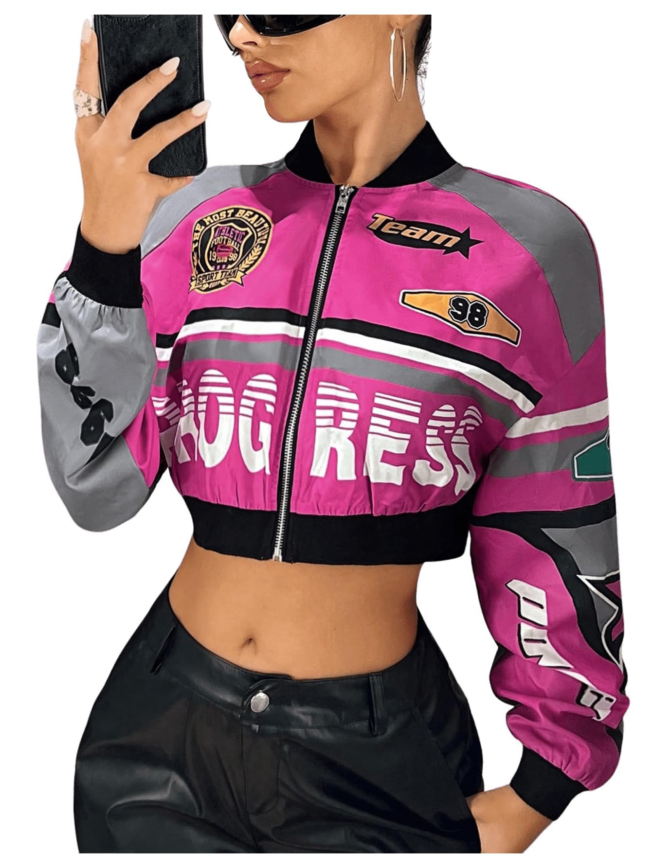 Floerns Womens Letter Print Bomber Jacket Long Sleeve Motorcycle Crop Racing Jacket