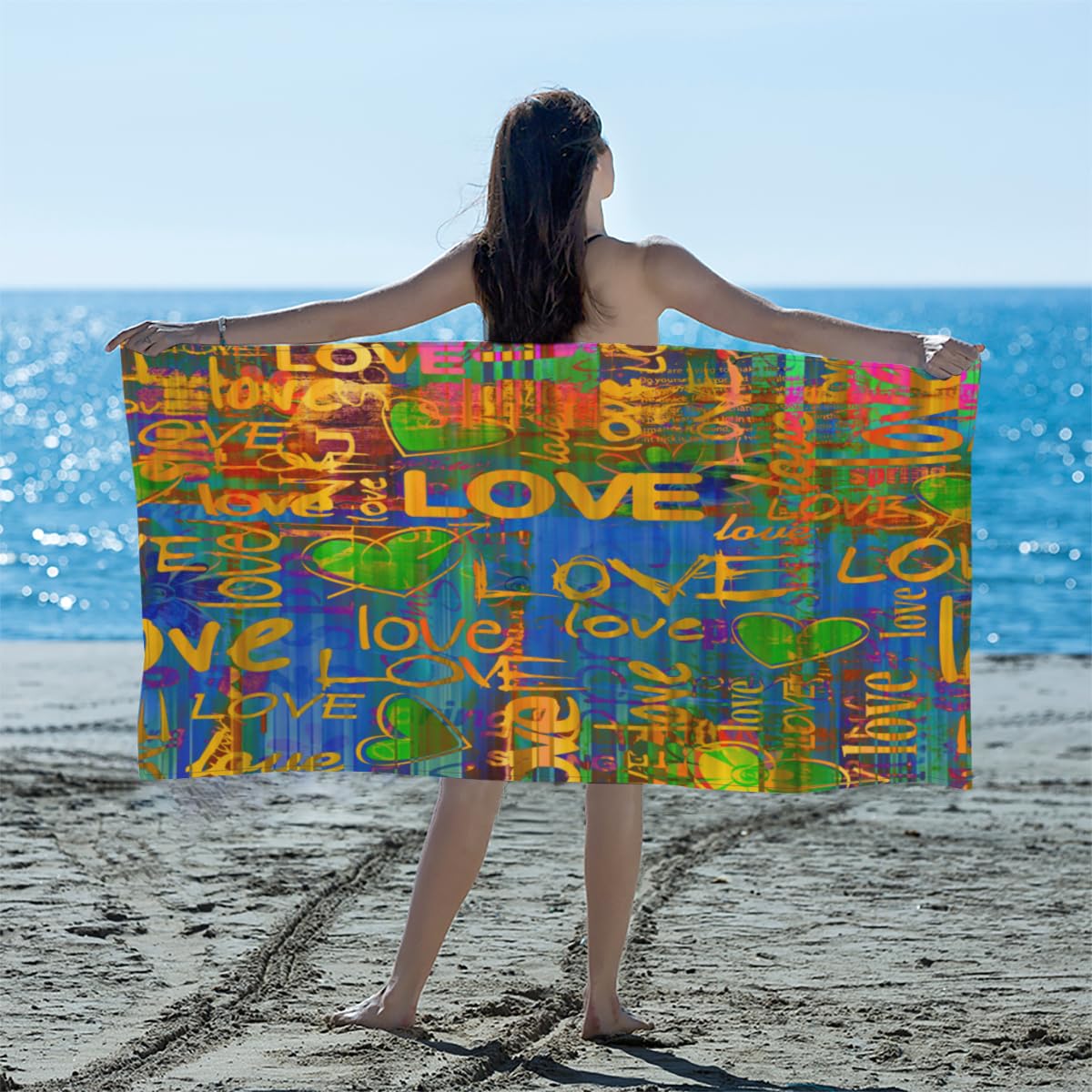 GUYOS Abstract Art Text Love-100% Microfibre Beach Towel,Quick Dry Sand Free Lightweight Large Oversized Beach Towel for Bath-Pack of 2