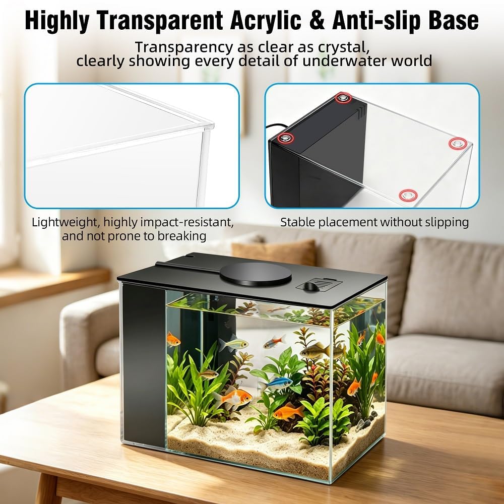 Kleines Aquarium 3,7L, Acryl Aquarium Starter Set mit LED Beleuchtung und Filterpumpe, Mini Betta Aquarium Fischbecken für Kleine Fische Garnelen Pflanzen, Desktop Deko für Zimmer Büro, Schwarz